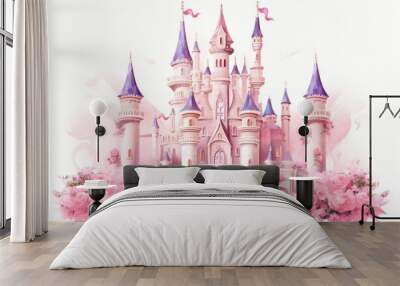 A wonderful cute princess castle in a fairytale style, a wonderful cute princess castle in a fairytale style, pink design. Ai generated Wall mural