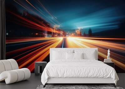 Abstract long exposure dynamic speed light in rural city road, Ai generated Wall mural