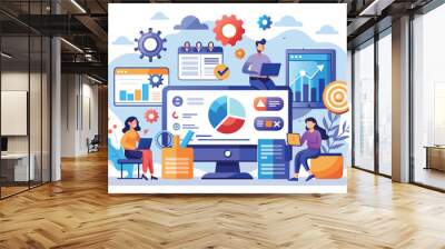 An illustration depicting a team analyzing business data and reports on a computer screen displaying a pie chart and bar graph. Wall mural