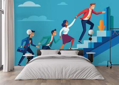 An illustration showing a diverse team of business professionals working together to climb a stairway to success, symbolizing teamwork, collaboration, and shared goals. Wall mural