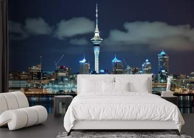 Beautiful Auckland skyline with the Sky Tower illuminated at night, AI-generated Wall mural