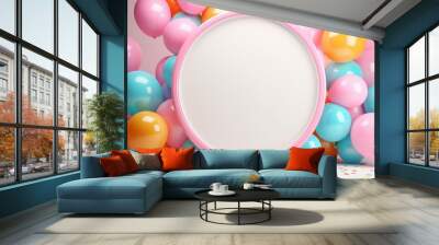 Blank frame mockup with color balloons and confetti, frame on color balloons and confetti, AI Generated Wall mural