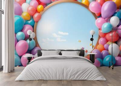 Blank round frame mockup with color balloons and confetti, round frame on color balloons and confetti, AI Generated Wall mural