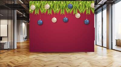 Christmas background with pine branch Christmas ball red ribbon and star light
 Wall mural