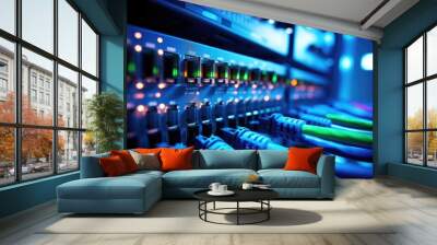 Connection of optical fiber cable technology background, Fiber Optic cables connected to an optic ports in data center, close up of network cables connected to an internet hub, Ai generated Wall mural