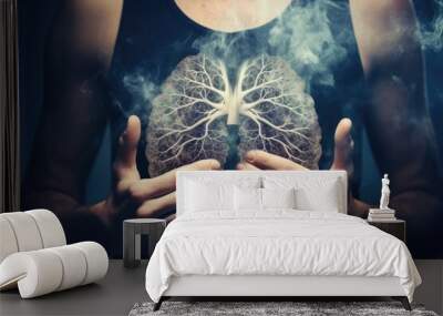 Diseases of the lungs in the picture, of a doctor, pneumonia, cough, tuberculosis, X-ray anatomy and lung of body show for doctor, Ai generated Wall mural