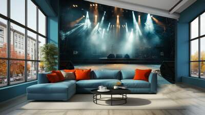 Empty concert stage with illuminated spotlights and smoke. Stage background with copy space, AI generated Wall mural