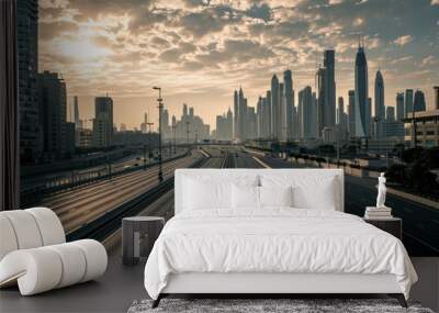 Empty highways and urban skylines, A photo of Empty asphalt road and modern city, AI generated Wall mural