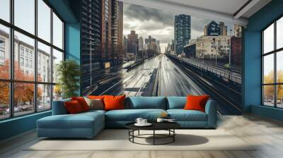 Empty highways skylines, A photo of an Empty asphalt road and a modern city, AI generated Wall mural