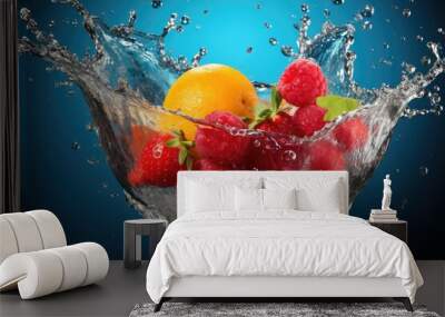 Fresh fruit splashing into clear water, Fresh fruits into clear water splash background Ai generated Wall mural