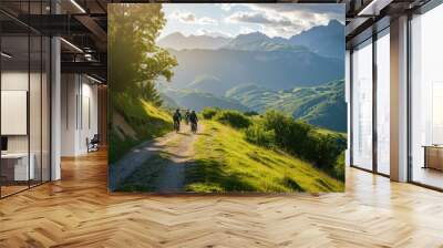 friends on electric bicycles enjoying a scenic ride through beautiful mountains, Mountain biking couple relax at edge of mountain, AI generated Wall mural