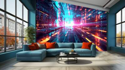 Future technology line background and light effect, A high-tech tunnel illuminated by glowing lights, creating a futuristic atmosphere, AI generated Wall mural