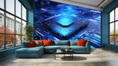 glowing circuit board ,Futuristic circuit board on a blue background 3d rendering Artificial intelligence Technology web background Virtual concept, AI generated Wall mural