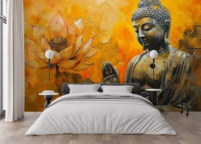 Glowing Lotus flowers and gold Buddha statue, Buddha with lotus shades, AI-generated Wall mural