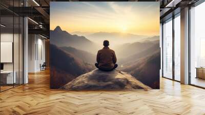 Meditation landscape and man sitting on a mountain top for mindfulness and spirituality. Peaceful, stress free and focus in nature with view, for mental health, Ai generated Wall mural