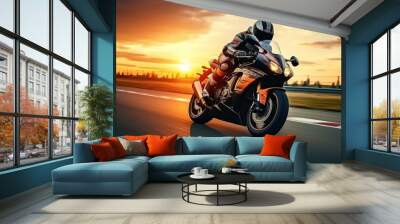 Motorcycle rider rides on a race track at sunset. Motion blur, Motorcycle rider on sport bike rides fast on race track at sunset. Extreme athlete Sport Motorcycles Racing, Ai generated Wall mural