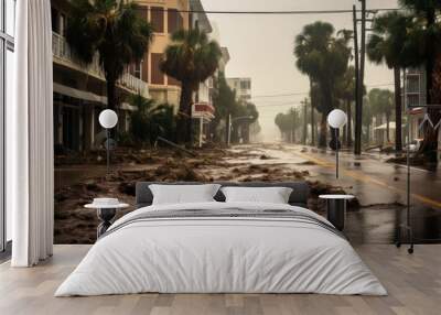 strong wind hurricane та island flood disaster, Hurricane in Florida state of United States, Ai generated Wall mural