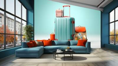 Suitcase with travel accessories on white background, Suitcases and travel accessories on background. 3d rendering, AI generated Wall mural