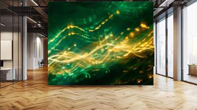 Swirling colors of green and yellow intertwine, creating an abstract representation of light trails that evoke movement and energy in a dark space. Wall mural