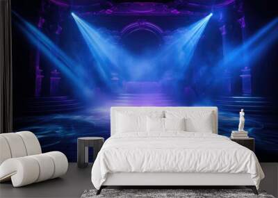 The dark stage shows empty dark blue purple pin background, Empty night scene, beams of spotlights and diodes, neon light, shadows, glare and reflections, AI generated Wall mural