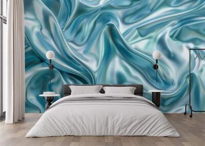 The soft turquoise silk fabric flows gracefully, displaying an elegant texture and shine, with light reflecting beautifully off its smooth surface. Wall mural