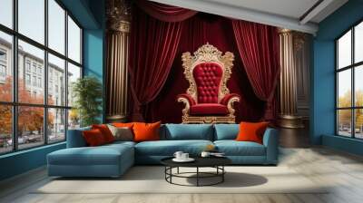 Throne Room with Gold royal chair, Classic interior with red armchair and golden curtains. 3d render, Ai generated Wall mural