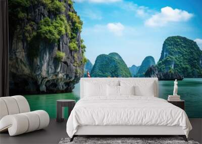 Tropical island  Long bay  Asia Amazed nature scenic landscape of James Bond Island with a boat for a traveler, Ai generated Wall mural