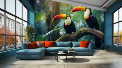 Two toucans sitting on a branch in the rainforest, toucan tropical bird sitting on a tree branch in natural wildlife environment, Ai generated Wall mural