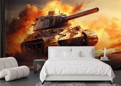 War tank firing, Army armor war gun artillery vehicle tank fire weapon military battle, Ai generated Wall mural