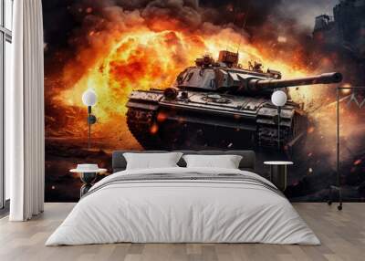 War tank firing, Army armor war gun artillery vehicle tank fire weapon military battle, Ai generated Wall mural