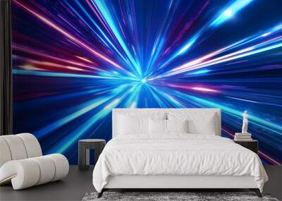  A digital image showcasing vibrant light rays blue light on blue background creating a sense of speed and motion blur. Energy technology concept. Wall mural