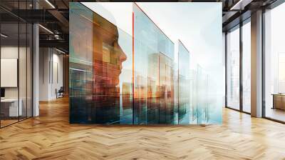 A double exposure combines in the foreground the face of a man and modern abstract glass architecture, minimalism. Wall mural