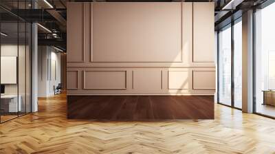 Fragment of an interior made of classic beige panels. Beige wall background in an empty room with brown parquet floor.  Wall mural