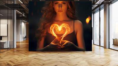 Girl holding fire in the shape of a heart. Wall mural