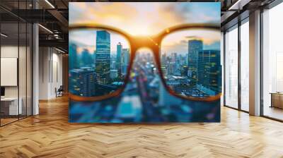 Modern bright view of the city through glasses. Blurred background. Wall mural