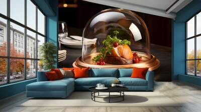 Stainless steel cap with food on a served table in a restaurant. Wall mural