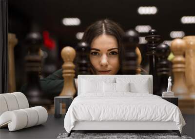 beautiful girl playing chess Wall mural