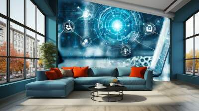 Advanced technology in industry 4.0: holograms, AI interaction in futuristic setting. Wall mural