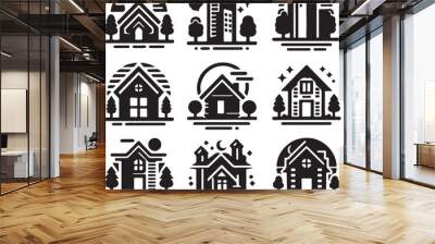 set of home and building icon black filled, home logo style, real estate logo, towers icon pack, vector home, trees, modern, house property Wall mural