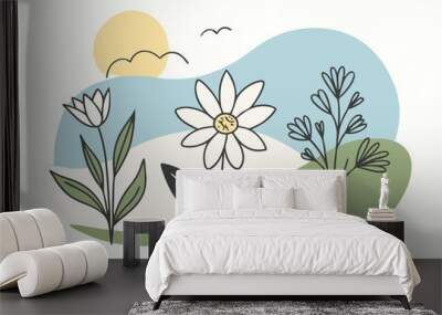 Vector illustration in trendy flat simple style - spring and summer background with copy space for text - landscape with plants, leaves, flowers   Wall mural