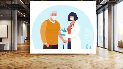 A doctor in a clinic giving a coronavirus vaccine to an elderly man, concept illustration for immunity health. Immunization of adults, covid vaccine. Flat illustration isolated on white background. Wall mural