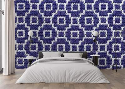 Abstact knitted background. Crochet mosaic pattern. Seamless blue white crochet texture. Wall mural