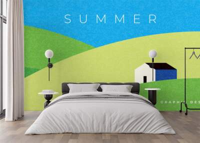 Abstract minimal summer horizontal poster, cover, card with blue sky, green fields, farm house and modern typography. Summer holidays, nature landscape illustration. Promo ads design template Wall mural