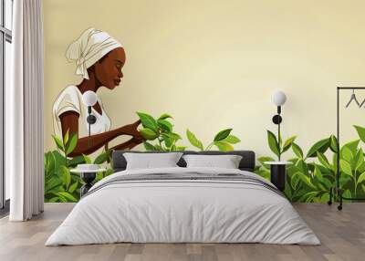 African harvest: African woman farmer picking green tea leaves in Kenya plantation. Copy space. International Tea Day concept. Wall mural