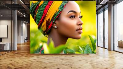 African woman in traditional clothing carefully picking tea leaves on a lush Kenyan tea plantation. Wall mural