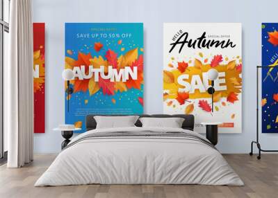 Autumn Sale background, banner, or flyer design. Set of colorful autumn posters with bright beautiful leaves frame, paper cut style letters and lettering. Template for advertising, web, social media Wall mural