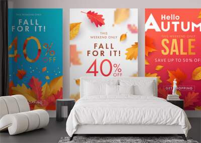 Autumn sale banner, poster or flyer set. Vector illustration with frame of bright beautiful leaves on white, blue and red background. Template Set for advertising, web, social media and fashion ads Wall mural