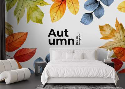 Autumn seasonal background with frame made of falling autumn yellow, red, orange and green colored leaves with overlay effect on white background with place for text. Trendy Fall vector illustration. Wall mural