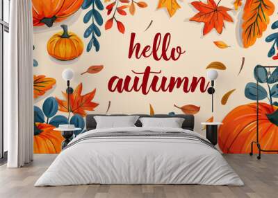 Autumn watercolor illustration featuring a frame of orange pumpkins and leaves with 