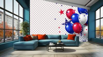 Background with festive realistic balloons with ribbon in national colors of the american flag and with stars pattern isolated on background. USA greeting banner for sale, discount, advertisement, web Wall mural